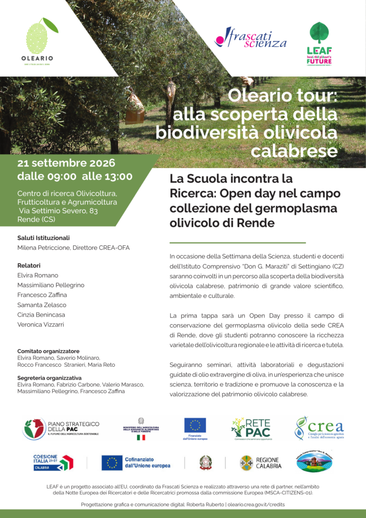 Oleario tour, 21 settembre 2026, ore 9–13. Rende: open day al CREA-OFA. Apri il PDF per il programma completo.