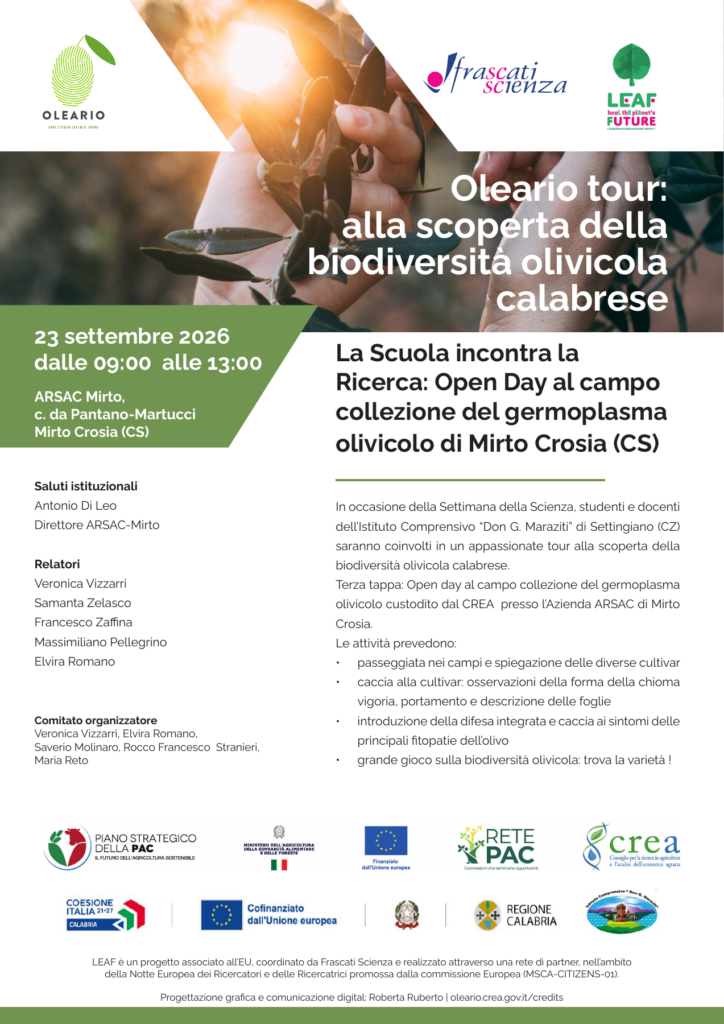 Oleario tour, 23 settembre 2026, ore 9–13. Mirto Crosia: campo collezione presso ARSAC. Apri il PDF per il programma completo.
