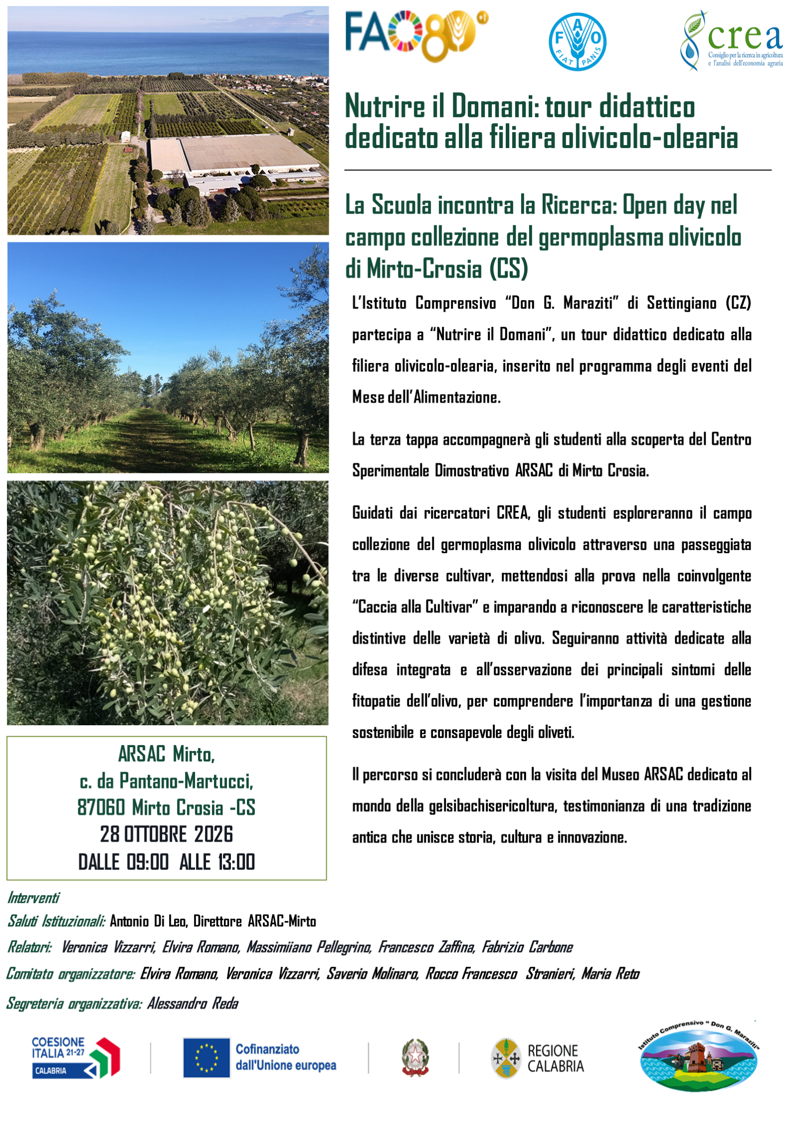 Locandina Open day nel campo collezione olivicolo ARSAC di Mirto Crosia, 28 ottobre 2026, ore 9-13