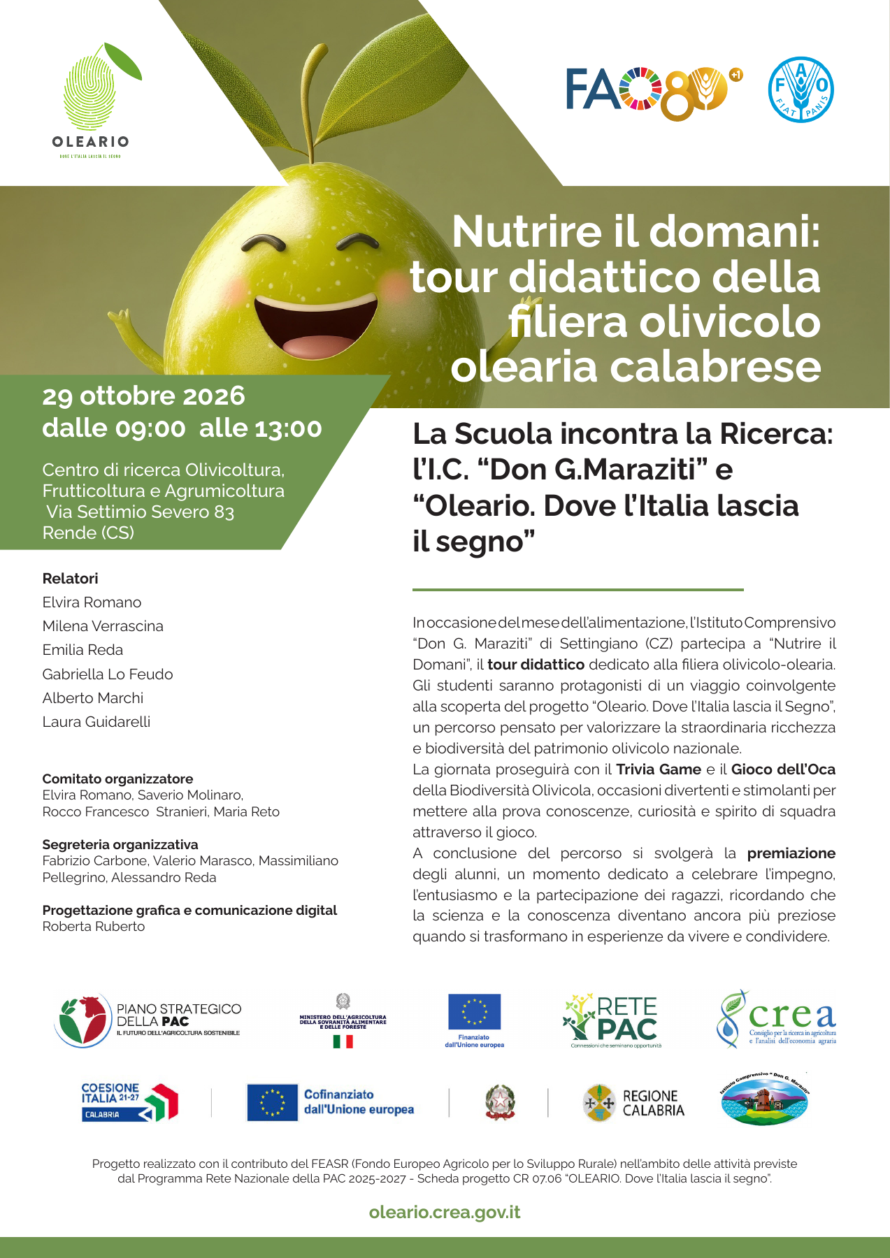 Locandina Oleario: giornata didattica al CREA di Rende, 29 ottobre 2026, ore 9-13