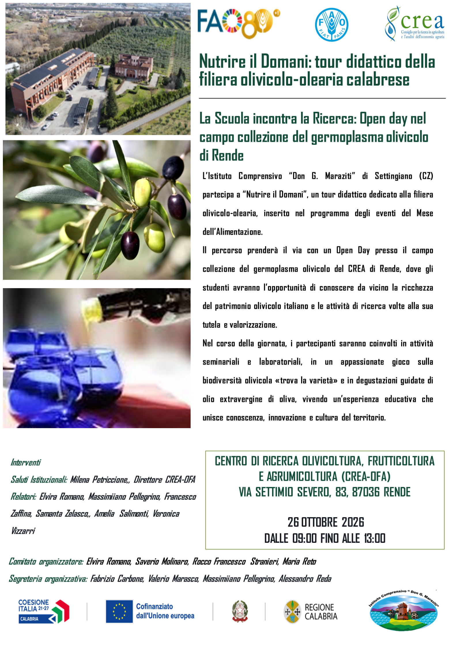 Locandina CREA: Open day sulla biodiversità olivicola a Rende, 26 ottobre 2026, ore 9-13